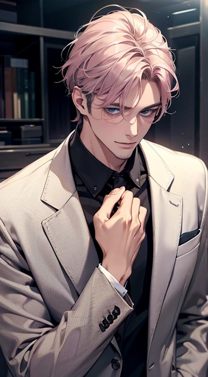 (Highest quality,4K,8K,High resolution,masterpiece:1.2),Super detailed,(Realistic,photoRealistic,photo-Realistic:1.37),1 person,31 years old,Mature Men,Beautiful skin、very handsome,Expressionless,smile,Short gray pink hair,blue eyes,Sharp Eyes,A perfect face without a doubt,Businessman, desk mansion,Cinema Lighting,HDR image,tie、