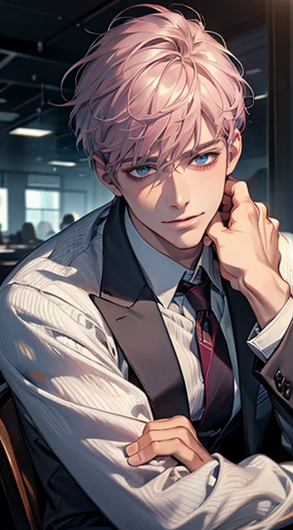 (Highest quality,4K,8K,High resolution,masterpiece:1.2),Super detailed,(Realistic,photoRealistic,photo-Realistic:1.37),1 person,31 years old,Mature Men,Beautiful skin、very handsome,Expressionless,smile,Short gray pink hair,blue eyes,Sharp Eyes,A perfect face without a doubt,Businessman, desk mansion,Cinema Lighting,HDR image,tie、