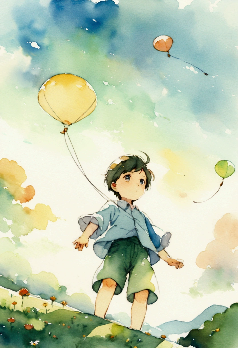 A boy of about four years old flying a kite Picture books Watercolor