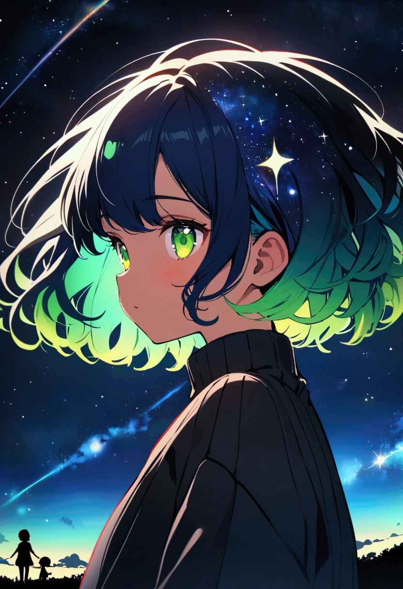 Sky, it's night, the night is full of stars, there are planets in the sky, bright colors, Incredible details, Shiny hair, spectacular hair, Cute, small, short hair, galaxy hair, green eyes, silhouette, tanned, black sweater,