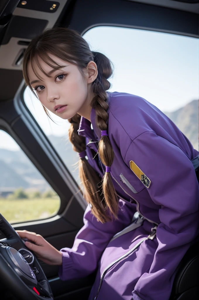"Futuristic cockpit, A beautiful girl with light brown hair tied in twin tails、Attracts with its noble temperament。. Her Eyes, Vibrant purple color with attention to detail, She had an angry look on her face. She is wearing a white helmet that covers her face.、The surrounding mechanical buttons give it a futuristic feel.。. The landscape is enveloped in purple, Emphasizing the girl's captivating presence. Lighting creates a sense of depth、Adds a fantastic glow to the overall composition。. This artwork is of the highest quality, With highly detailed features and photorealistic style、Bringing the girl and her surroundings to life."