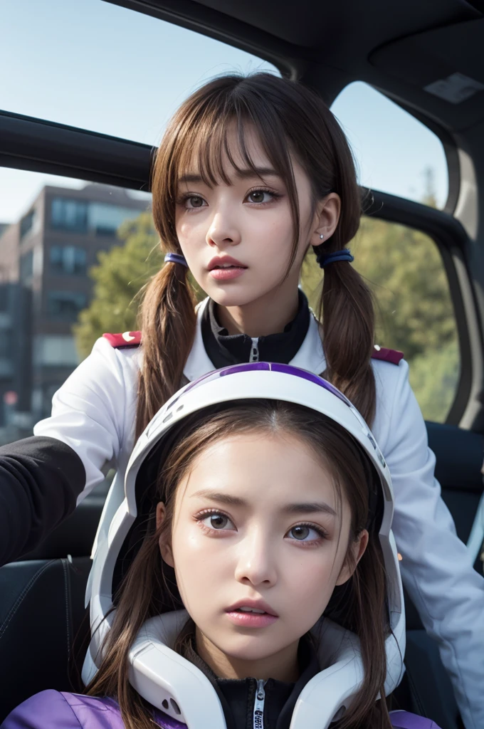 "Futuristic cockpit, A beautiful girl with light brown hair tied in twin tails、Attracts with its noble temperament。. Her Eyes, Vibrant purple color with attention to detail, She had an angry look on her face. She is wearing a white helmet that covers her face.、The surrounding mechanical buttons give it a futuristic feel.。. The landscape is enveloped in purple, Emphasizing the girl&#39;s captivating presence. Lighting creates a sense of depth、Adds a fantastic glow to the overall composition。. This artwork is of the highest quality, With highly detailed features and photorealistic style、Bringing the girl and her surroundings to life."