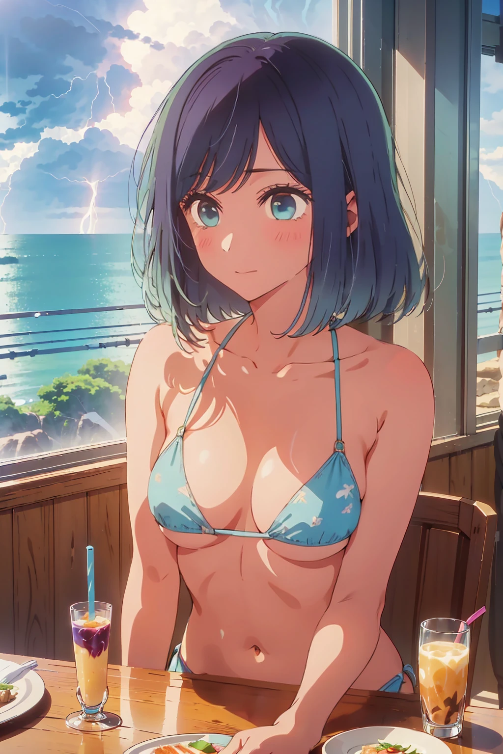 (Highest quality:1.4、masterpiece:1.4、Super detailed:1.4、8K:1.4)、((((1 person、Surprised expression、sit、Indoor cafe terrace、coastal、juice、table、Sandy Beach、juiceのグラスを持つ、Micro Bikini、Very soft boobs、Big eyes、Very cute face))))、(with a thunderstorm:1.4)、F cup bust、Medium breast、Underboob、Sideboob