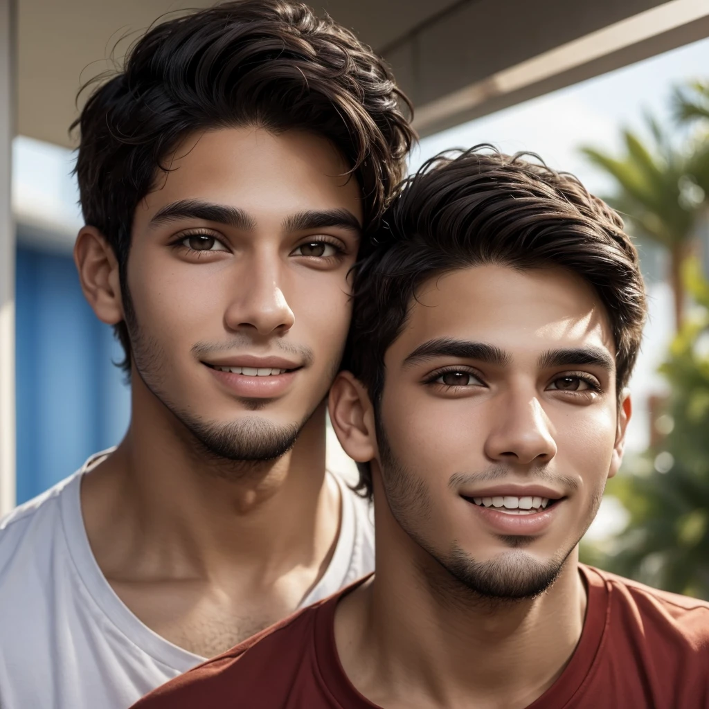 face of a young Brazilian man aged 20, brown eyes, black hair and amused look, no beard