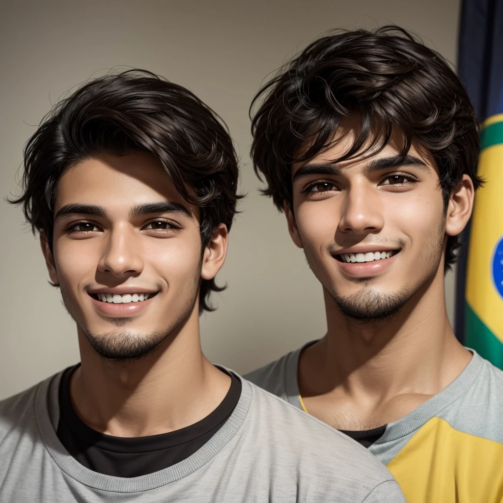 face of a young Brazilian man aged 20, brown eyes, black hair and amused look, no beard