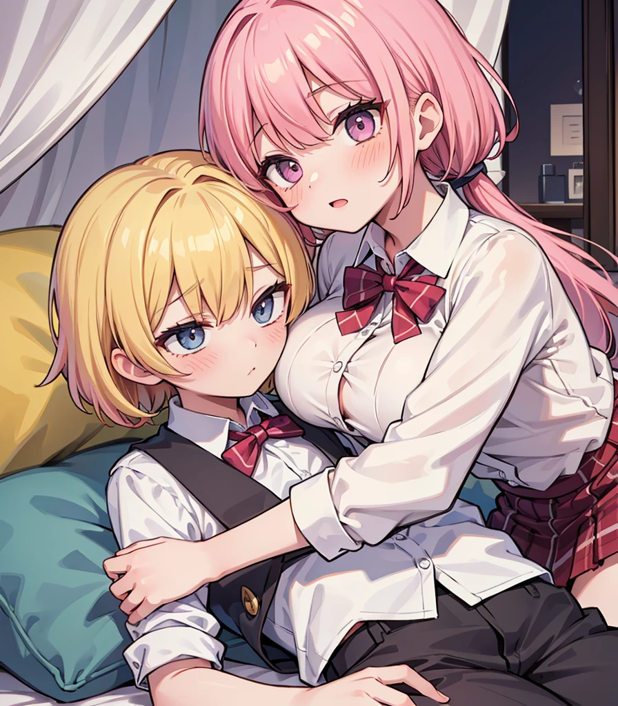 masterpiece, Highest quality, so beautiful, absurdists,High resolution,One girl, One boy,Cuddling in bed, like,sexly,Look at each one, blush,Age difference,bow tie,blondes,chest,Long Hair,Pink Hair,Tucked in shirt,short hair,skirt,Tent shirt,Slut,Big breasted sister and brother,Siblings, trousers,Pushing her big tits against her brother,(My brother&#39;s small erect penis),((((姉のvery huge breasts,Sister crushes her big tits in her brother&#39;s face)))),(((((Very huge breasts))))),(((((small penis,NSFW,Soft Very HUGE breasts))))),((Bursting Breasts,弟の顔を隠すHuge breasts)),((((((((Huge breasts,Large Breasts,とてもLarge Breasts、すごくLarge Breasts、とてつもなくLarge Breasts)))))))),Two people gazing at each other,puffy nipples