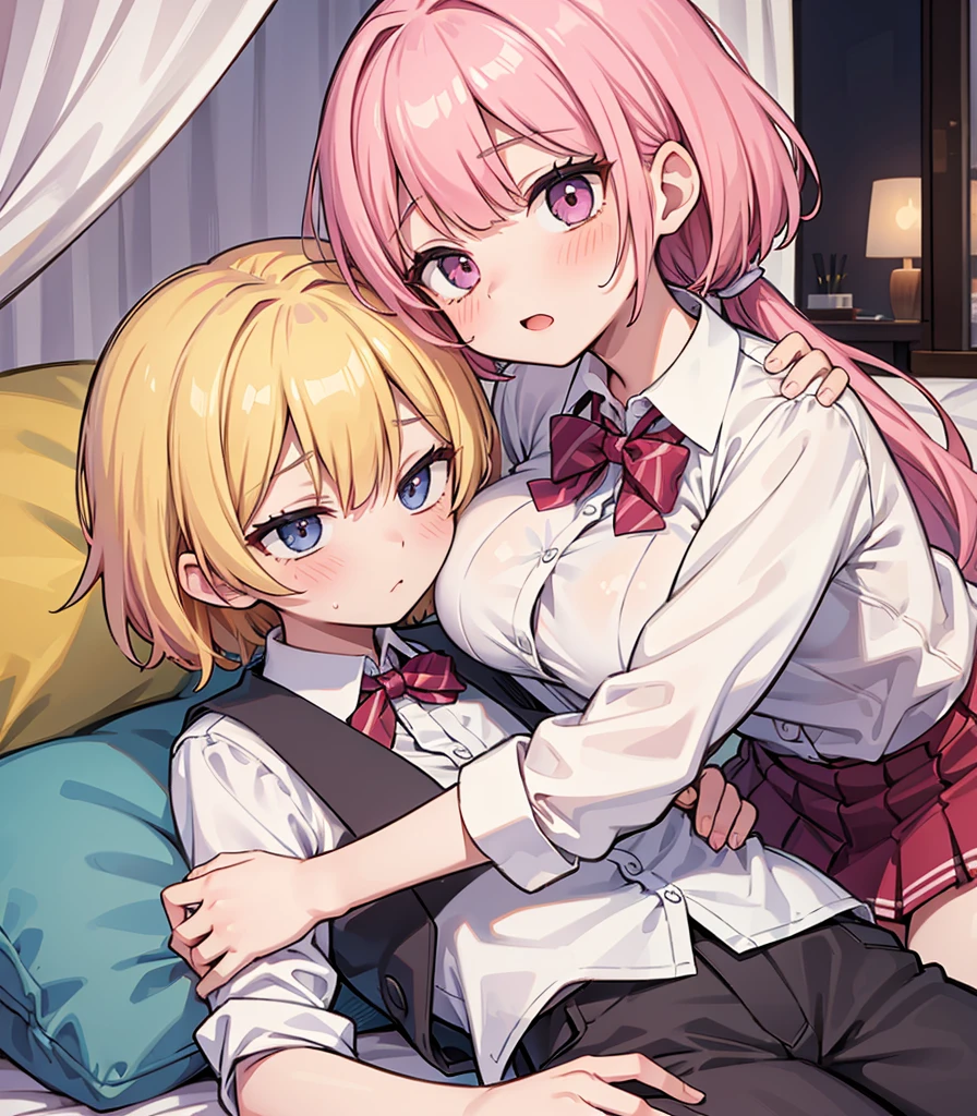 masterpiece, Highest quality, so beautiful, absurdists,High resolution,One girl, One boy,Cuddling in bed, like,sexly,Look at each one, blush,Age difference,bow tie,blondes,chest,Long Hair,Pink Hair,Tucked in shirt,short hair,skirt,Tent shirt,Slut,Big breasted sister and brother,Siblings, trousers,Pushing her big tits against her brother,(My brother's small erect penis),((((姉のvery huge breasts,Sister crushes her big tits in her brother's face)))),(((((Very huge breasts))))),(((((small penis,NSFW,Soft Very HUGE breasts))))),((Bursting Breasts,弟の顔を隠すHuge breasts)),((((((((Huge breasts,Large Breasts,とてもLarge Breasts、すごくLarge Breasts、とてつもなくLarge Breasts)))))))),Two people gazing at each other,puffy nipples