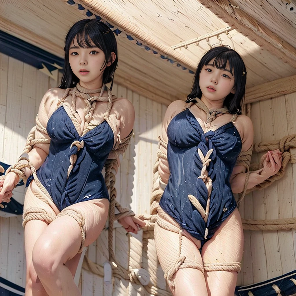 high quality, masterpiece, Very detailed, 8K, 14 year old beautiful Japanese woman:1.5, Small face, Black Hair, blunt bangs, Breast Augmentation Surgery, (Detailed navy blue competition swimsuit:1.5), ((Woman tied with rope and hanging from the ceiling:1.5)), locker room、 remote_play, remote_Vibrate、 (climax:1.5)