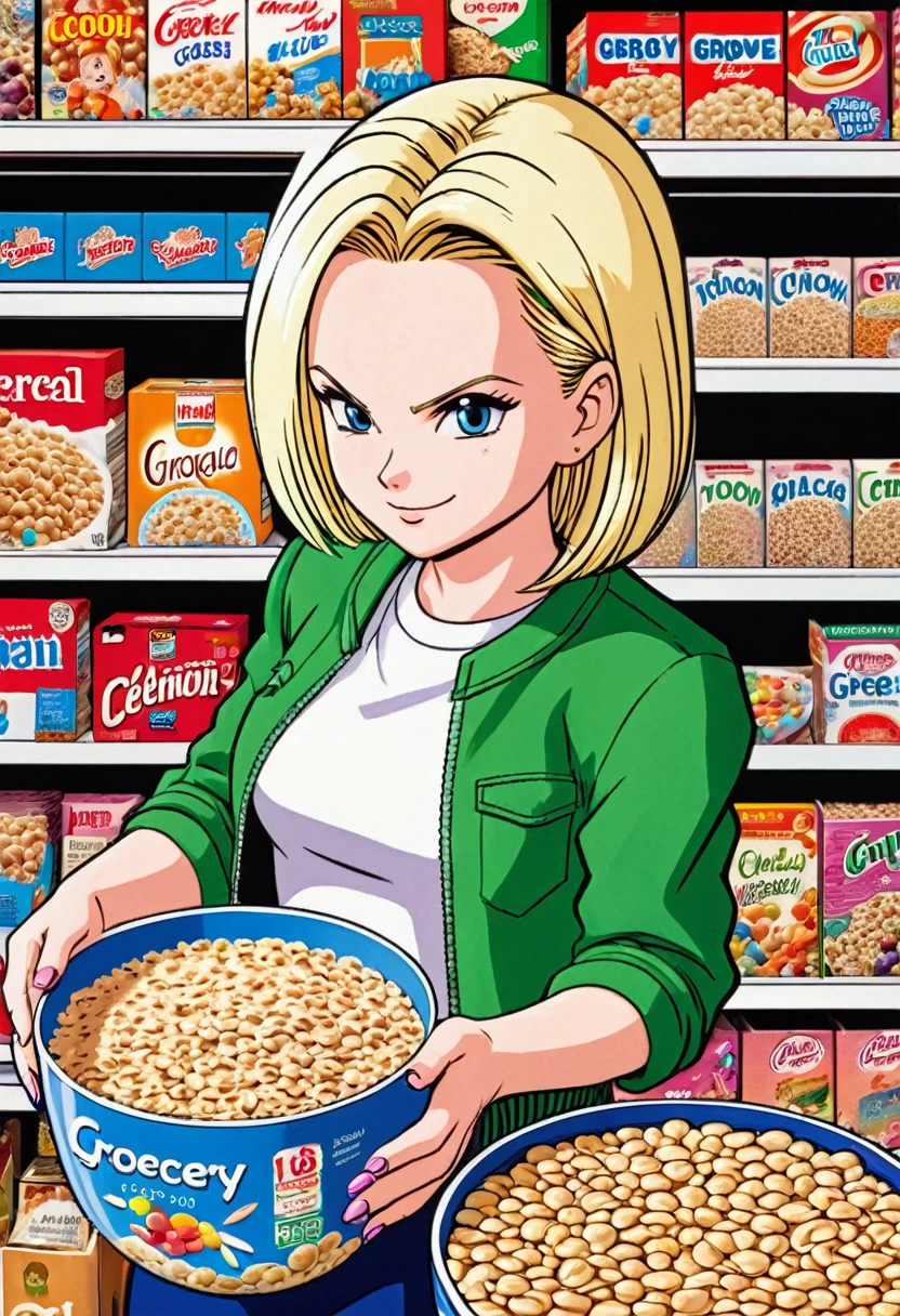 Android 18 grocery shopping, inspecting cereal brands, unaware
