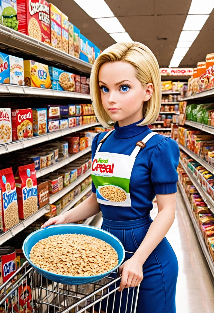 Android 18 grocery shopping, inspecting cereal brands, unaware