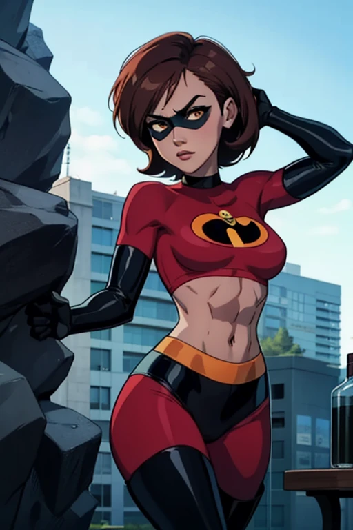 Helen parr with rock hard abs and a bare midriff  , domino mask, mask, bodysuit, elbow gloves, thighhighs, thigh boots