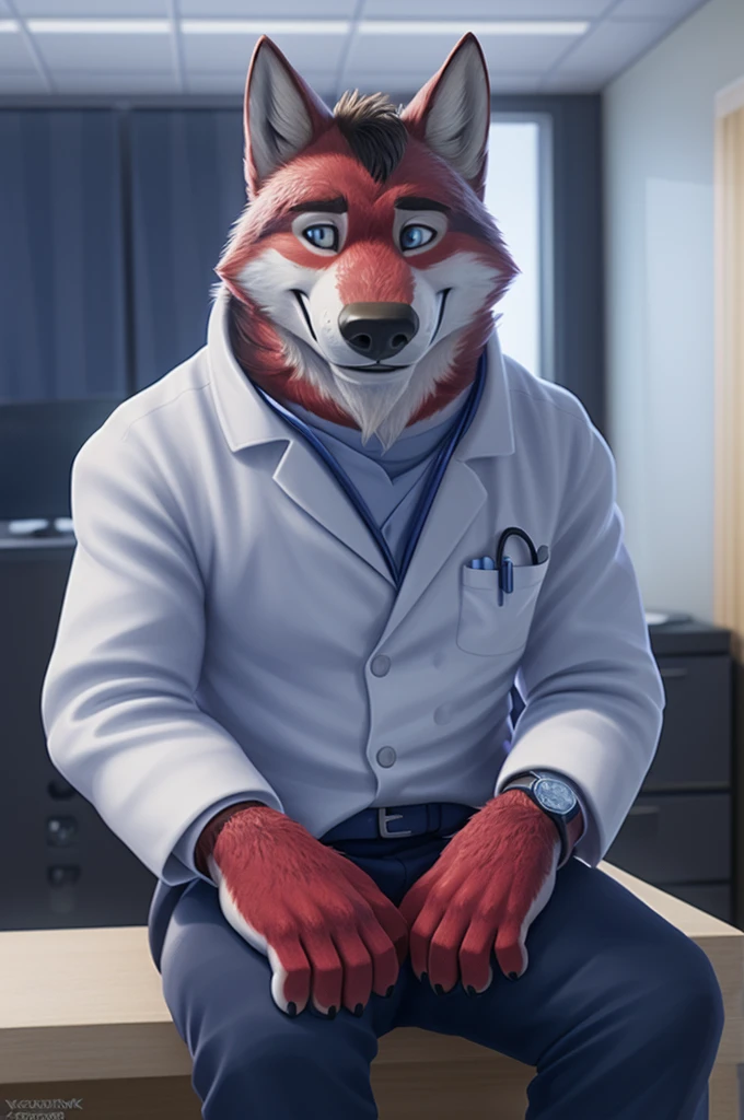 Ivan Fedorovich Wolfbach (Novosibirsk) ,tall handsome, wolf,young, 24 years, brown fur,Kind,(red body:1.3),beautiful blue eyes,Novosibirsk,dressed,medical suit,trousers,sandals, Cardiologist, canine, wolf, detailed fur, male, second, paw pads, finger claws,At the viewer, 5 fingers, paws, 5 fingers, smile, wrist watch, т nextel,by xenoforge, (difficult, high detail, digital photography, soft focus, RAW,is sitting кабинете врача окулиста, ,Very close to the camera, variety,Novosibirsk, smile, good mood, positive, Very close to the camera, medical suit, the office distributes a stethoscope,
Photorealism, realistic, photorealistic, digital style, Subsurface scattering,I'm looking at the viewer,is sitting, office oculist doctor oculist,
masterpiece, Best quality, ultra realistic, 8 thousand.)