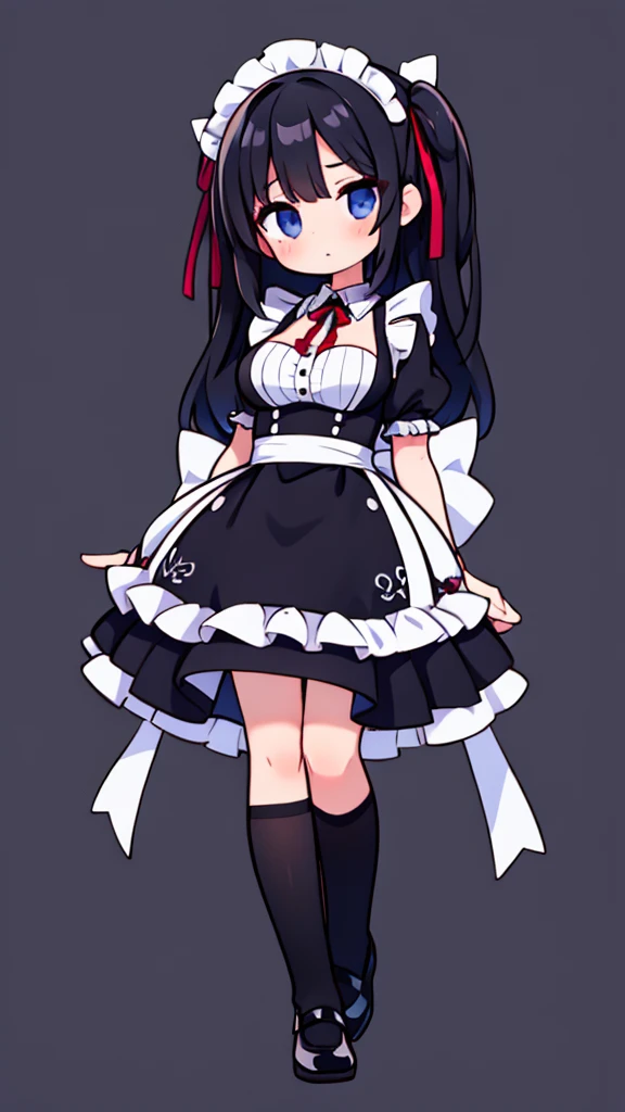 1 girl,maid clothes long straight black hair eyes light blue big breasts,full body,front facing,background simple