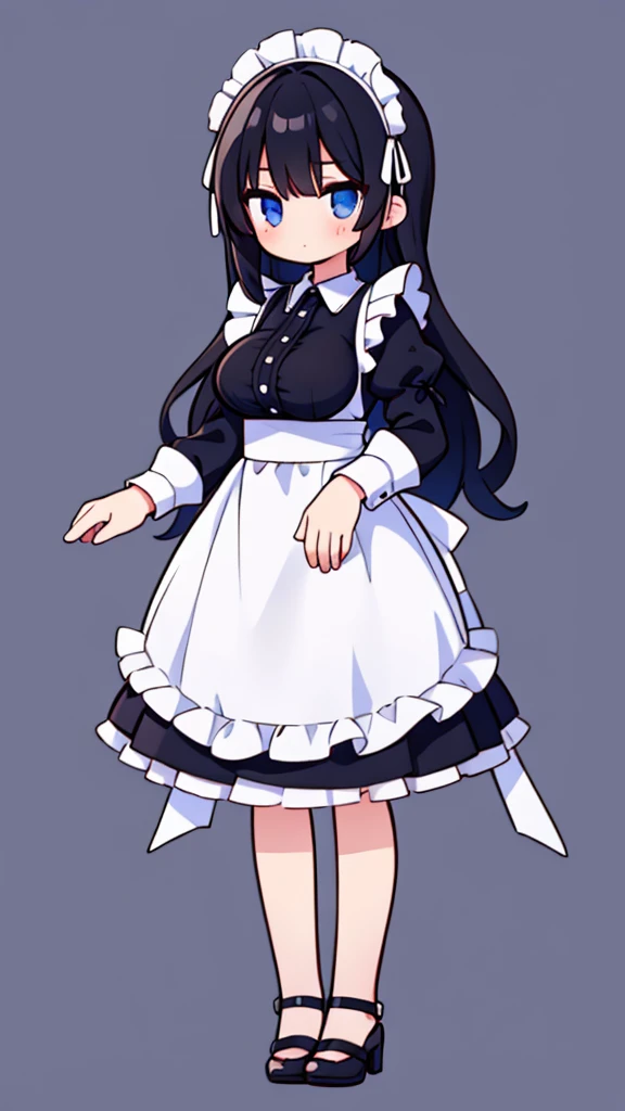 1 girl,maid clothes long straight black hair eyes light blue big breasts,full body,front facing,background simple