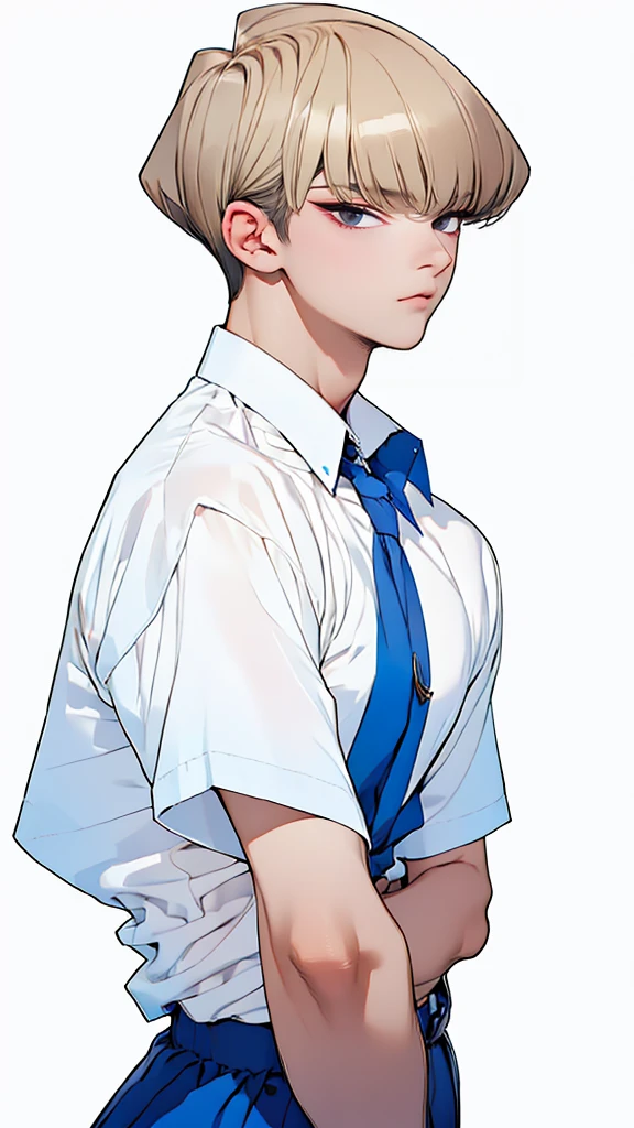 man like kurapika kuruta, blonde with blue eyes, pose 1/2 shirt with open neckline showing skin, best quality work, perfect details, 16k