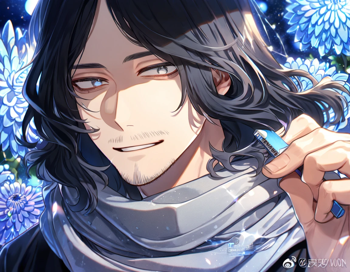 absurdres, highres, ultra detailed, HDR, master piece, best quality, extremely detailed, Eraser Head, black hair, medium hair, faint beard, expressive gray eyes, Boku No Hero Academia, solo, sexy man, handsome, handsome smile, gray scarf, black shirt, fantasy, water, sparkling, blue glittering fireflies, blue moon, blue blossoms, blue chrysanthemums, blue sparkling lights, starry sky