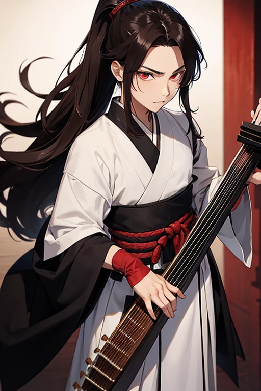 Demon slayer. A 19 year old man with long, thick, brown hair in a half pony tail. The hair is down to his waist and he has red eyes. Also, he wears a plain white haori and black gloves. Taisho era Japan. Holding a instrument called The Koto.