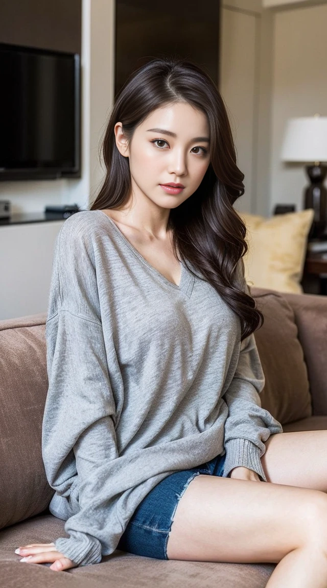 Dark brown hair、Light brown eyes、Japanese actress、 Lady、I am about 40 years old...、(Intricate details:1.2)、(Which is the top???:1.4)、 (Ultra-high resolution:1.2)、Ultra-high resolution、(Finely tuned)、(Detailed facial features)、Hmph、8K resolution、C cup size breasts、Hair length、Resort hotel living room、Large sofa、Large windows、Extravagant space、relax、、,Full body photo、Head to toe shot、Lying on the sofa、Lying on the sofa、Beautiful feet、Put your head on the sofa、gray　Sweatshirts &amp; Hoodies、V-neck、lingerie　Shorts、Beautiful feet、A refreshing room filled with sunlight、she, household items, sitting on the living room couch,  (plant:0.8), Warm Light, fashionable, Very detailedな, Very detailed, Realistic, Hourglass Shaped Body, Obscene pose,、