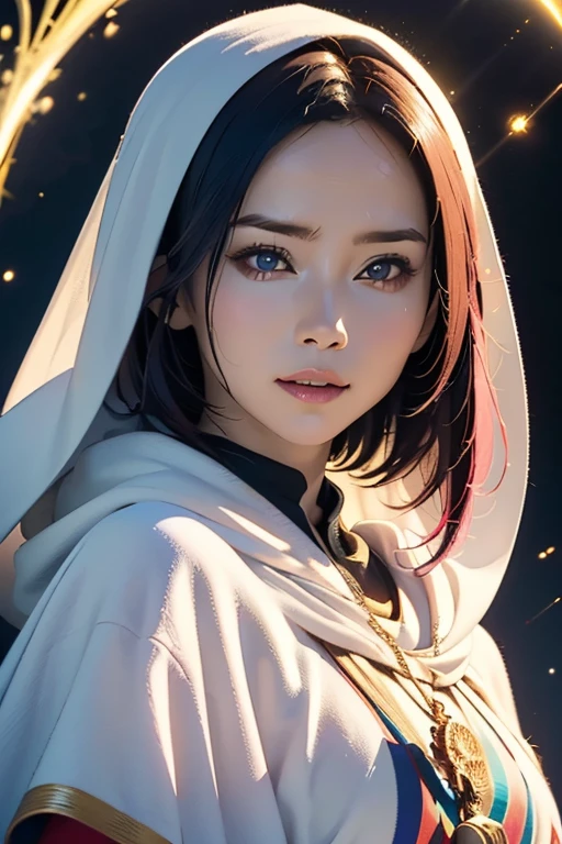 (masterpiece、Highest quality、Highest quality、Official Art、Beautiful and aesthetic:1.2)、(One Girl)、Very detailed、(Fractal Art:1.3)、colorful、Highest detail、Perfect Face、Upper body、High resolution、(prayer:1.3)、(White cloak Golden Line:1.2)、Intergalactic、(Streaks of Light)、Impressive visuals、(Dynamic stripes、Bright orbit:1.2)、Bright colors、Pink Hair　frontage