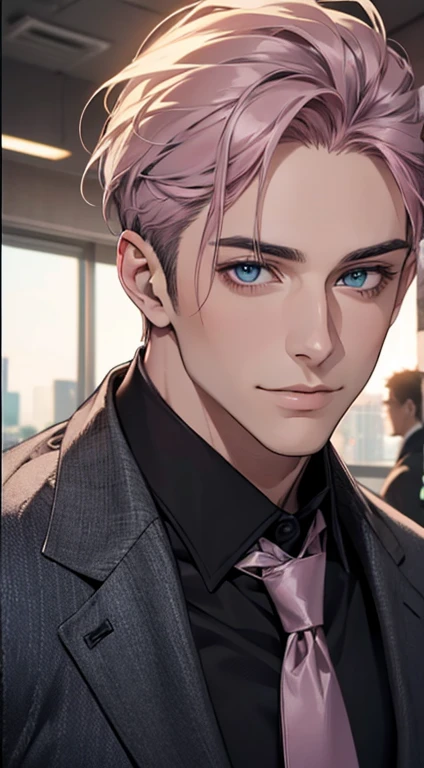 (Highest quality,4K,8K,High resolution,masterpiece:1.2),Super detailed,(Realistic,photoRealistic,photo-Realistic:1.37),1 person,31 years old,Mature Men,Beautiful skin、very handsome,Expressionless,smile,Short gray pink hair,blue eyes,Sharp Eyes,A perfect face without a doubt,Businessman, desk mansion,Cinema Lighting,HDR image,tie、