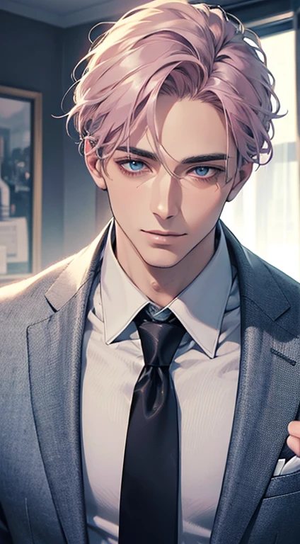 (Highest quality,4K,8K,High resolution,masterpiece:1.2),Super detailed,(Realistic,photoRealistic,photo-Realistic:1.37),1 person,31 years old,Mature Men,Beautiful skin、very handsome,Expressionless,smile,Short gray pink hair,blue eyes,Sharp Eyes,A perfect face without a doubt,Businessman, desk mansion,Cinema Lighting,HDR image,tie、