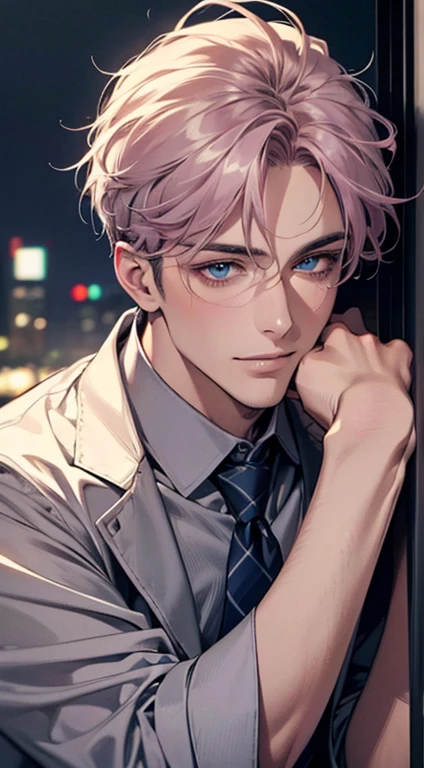 (Highest quality,4K,8K,High resolution,masterpiece:1.2),Super detailed,(Realistic,photoRealistic,photo-Realistic:1.37),1 person,31 years old,Mature Men,Beautiful skin、very handsome,Expressionless,smile,Short gray pink hair,blue eyes,Sharp Eyes,A perfect face without a doubt,Businessman, desk mansion,Cinema Lighting,HDR image,tie、