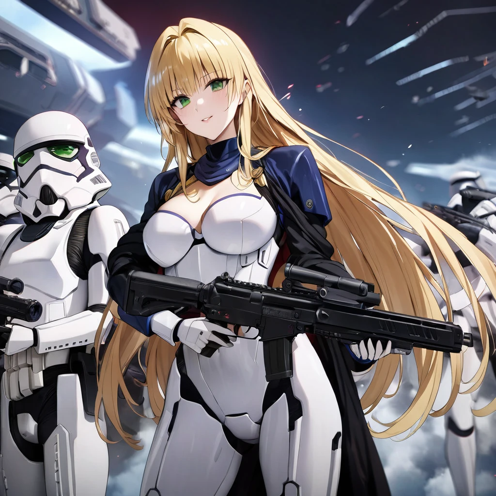 ((Highest quality)), ((masterpiece)), (detailed), （Perfect Face）、The woman is Tiare, a beautiful Stormtrooper with green eyes and medium-long blonde hair, carrying an assault rifle-type blaster.、They serve alongside Emperor Palpatine in orderly formations alongside other Stormtroopers aboard Imperial starships.