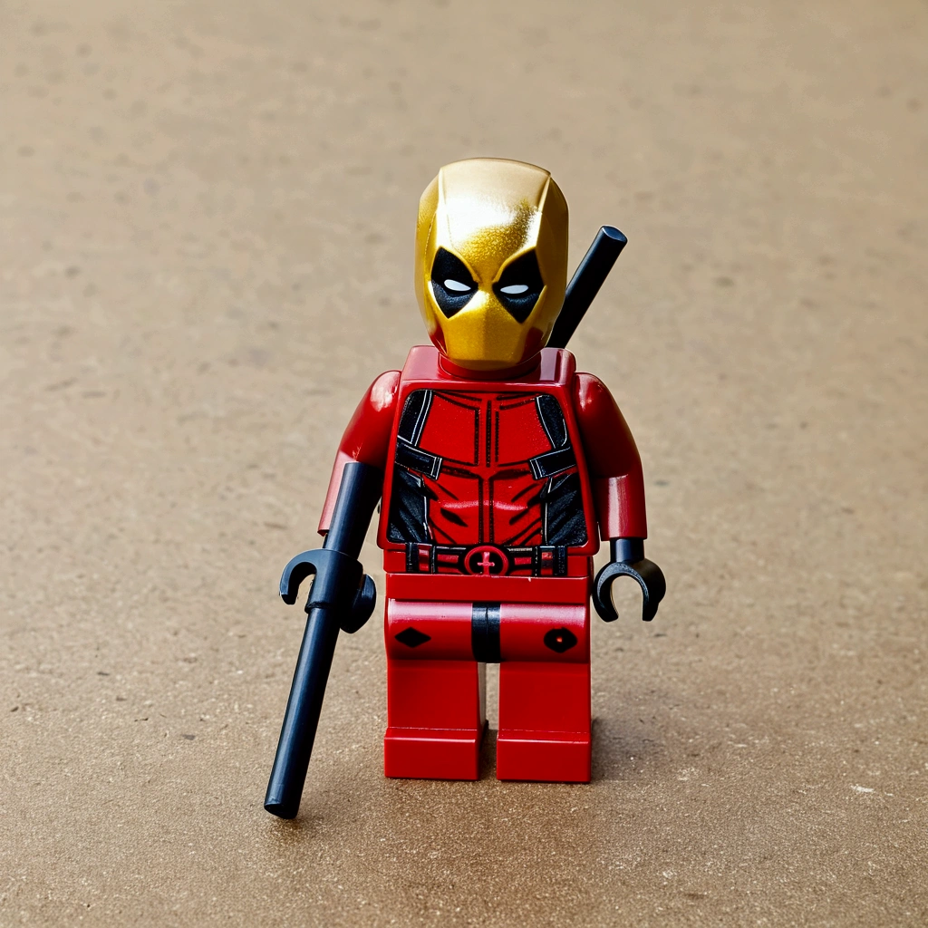 A photo of a lego like Dead pool, golden toy, plastic, 