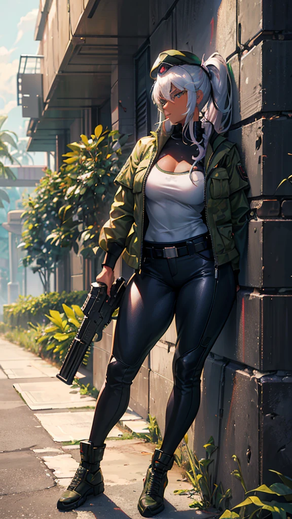 woman, mercenary expression, smoking, captain's beret, cyberpunk rifle load, western guns, camouflage pants, silver hair, long ponytail, broken muscle, dark skin, curly hair, pronounced waist, thick thighs, Amazon jungle background , high definition, RTX lighting, full body focus, profile shot, resting on a wall.