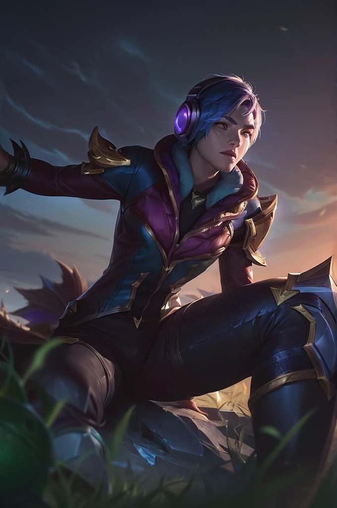 (League of Legends:1.5), Maple Leaf Mech, best qualityer, hdr, High definition, details Intricate, cinematic, photorrealistic, 1 boy, tight battle costume, illustration, Fish-eye lens, hight contrast, sharp focus, digitalpainting, beautiful clouds, loose short hair, Tall Grass, greatest angle, very deep eyes, scarred face,beefy.
