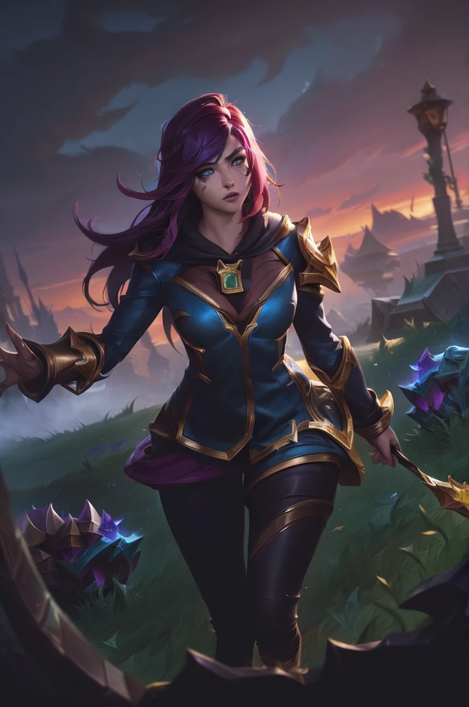 (League of Legends:1.5), Maple Leaf Mech, best qualityer, hdr, High definition, details Intricate, cinematic, photorrealistic, 1 boy, tight battle costume, illustration, Fish-eye lens, hight contrast, sharp focus, digitalpainting, beautiful clouds, loose short hair, Tall Grass, greatest angle, very deep eyes, scarred face,beefy.