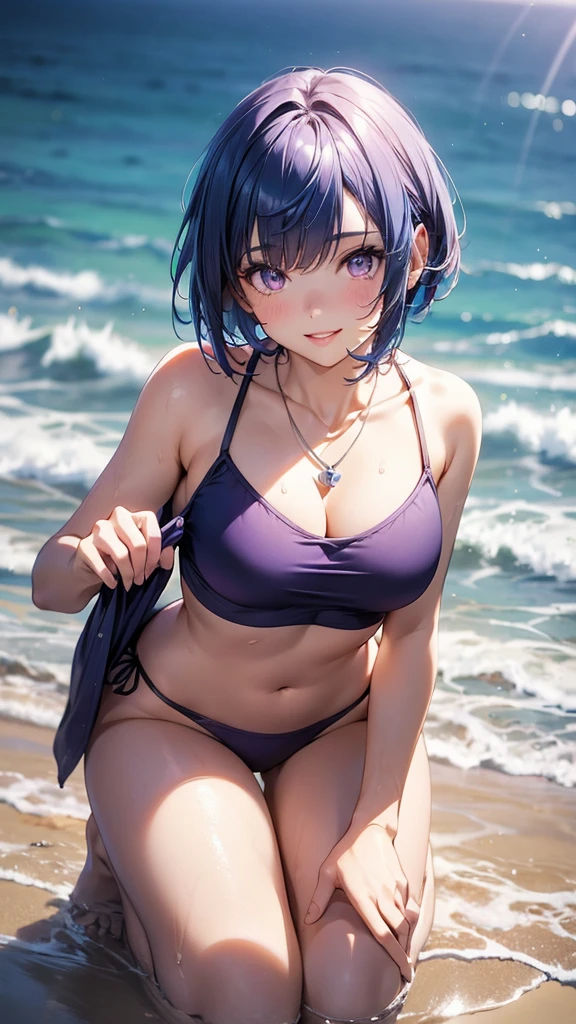 1girl, solo, bangs, blue hair, necklace, parted lips, purple eyes, short hair, smile, solo, two piece purple swimsuit, sandy pier background, kneeling in the water