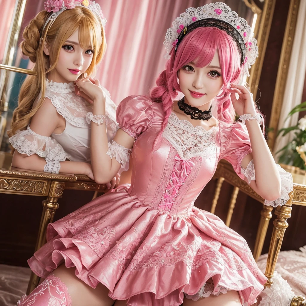 (Browsing Caution), Sexy and stylish female model, Only one woman, ((Doll-like appearance)), Long neon pink stylish hair, ((Shiny Victorian Boots)), (Big smile), Highly detailed eyes, Vibrant eye makeup, Lip gloss, Long eyelashes, Well-defined eyebrows, ((Sexy Paradise Kiss Cosplay)), Bell-shaped skirt, petticoat, High neck, Puff sleeves, ((ultra detailed lace)), ((Very fine embroidery)), Intricate details, Paradise Kiss accessories and matching headpiece, choker, ((Big Shiny Paradise Kiss Jewelry)), Cinematic Light, Bedroom,luxury,satin