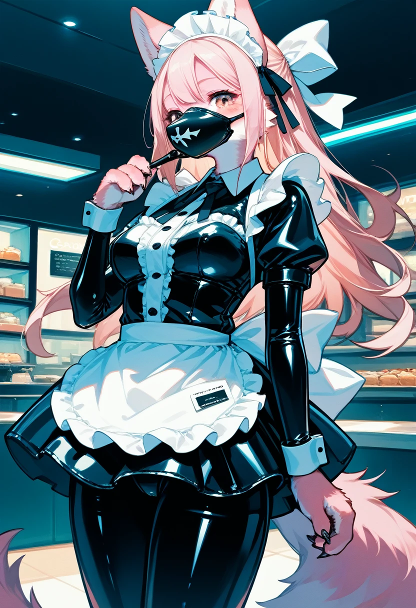 Highest quality, Highest quality, High quality illustrations, masterpiece, Ultra-high resolution, Detailed Background, maid Cafe, Absurd, Perfect Anatomy, performance, Good lighting, Shadows in the movies(kemono, Furry Personifi猫ion), Pink Skin, Rubber suit, Rubber suit, latex, neon, neonライト, neonカラー, Rubber maid outfit, ribbon, Rubber mask