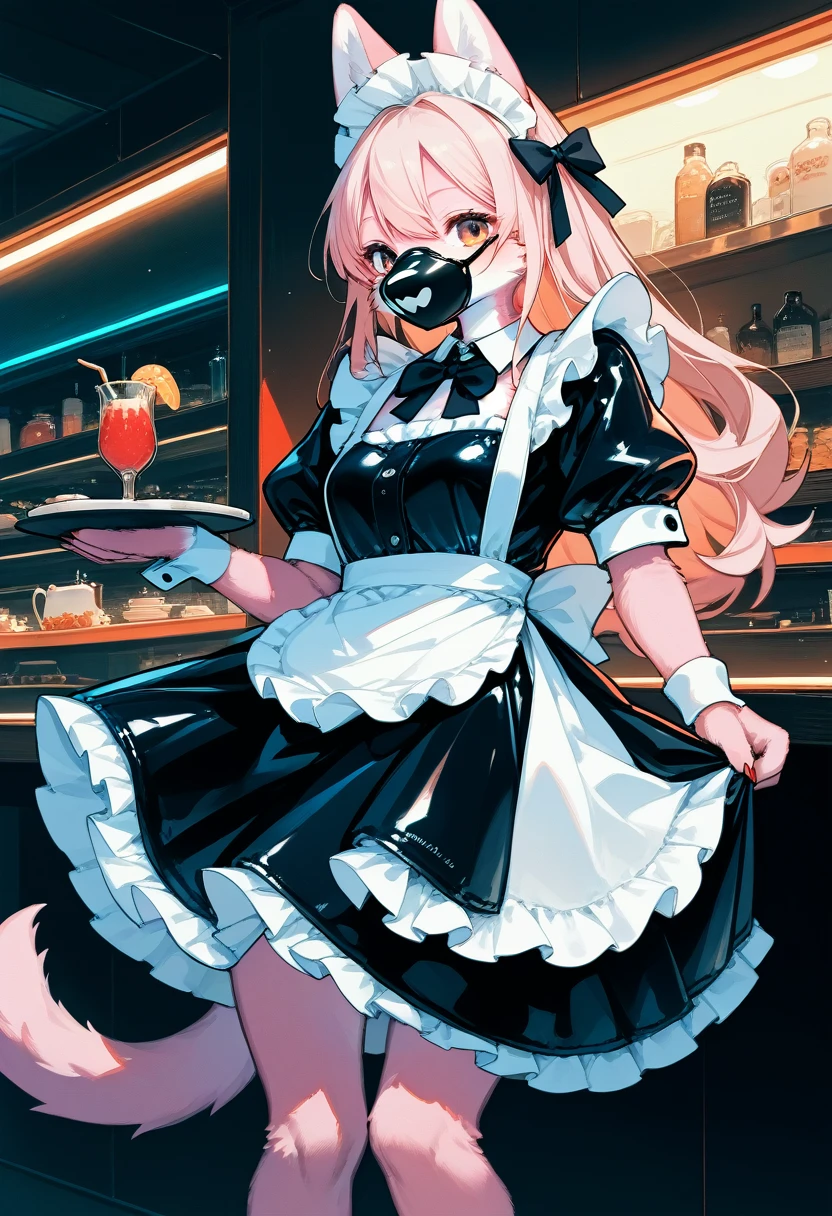 Highest quality, Highest quality, High quality illustrations, masterpiece, Ultra-high resolution, Detailed Background, maid Cafe, Absurd, Perfect Anatomy, performance, Good lighting, Shadows in the movies(kemono, Furry Personifi猫ion), Pink Skin, Rubber suit, Rubber suit, latex, neon, neonライト, neonカラー, Rubber maid outfit, ribbon, Rubber mask