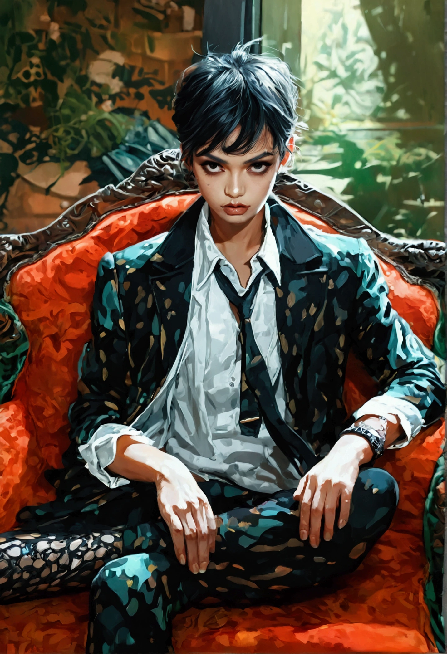 (head of'artwork:1.3), (absurdists:1.3), (best quality:1.3), (8K), (large head of'artwork digital art), (detailed illustration of the manga), (manipulated hair), anatomie parfaite, (sharp eyeliner, eye shadow, detailed eyes:1.1), (intricate details:1.3), (ultra-detailed:1.3), (illustration:1.3), (sharpness:1.3), (Natural lighting:1.05), (Des couleurs vives:1.3), CASSER, 1boy, dessin au trait, vampire, mafia, bandit, sitting on the sofa, dazzle
