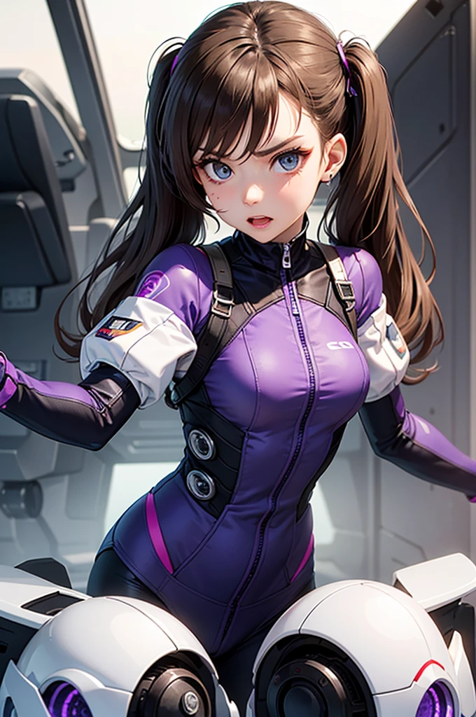 "Futuristic cockpit, A beautiful girl with light brown hair tied in twin tails、Attracts with its noble temperament。. Her Eyes, Vibrant purple color with attention to detail, She had an angry look on her face. She is wearing a white helmet that covers her face.、The surrounding mechanical buttons give it a futuristic feel.。. The landscape is enveloped in purple, Emphasizing the girl&#39;s captivating presence. Lighting creates a sense of depth、Adds a fantastic glow to the overall composition。. This artwork is of the highest quality, With highly detailed features and photorealistic style、Bringing the girl and her surroundings to life."