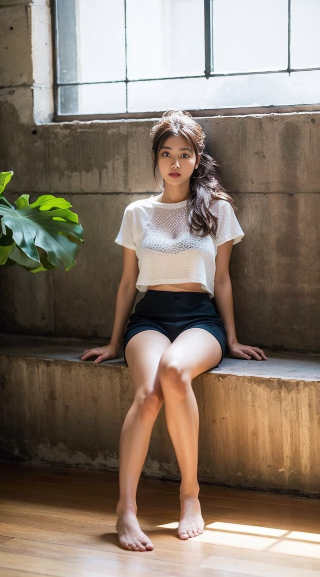 Dark brown hair、Light brown eyes、Japanese actress、 Lady、I am about 40 years old......、(Intricate details:1.2)、 (Ultra-high resolution:1.2)、Ultra-high resolution、(Finely tuned)、(Detailed facial features)、Hmph、8K resolution、D cup size breasts、Long Hair、Bright terrace room with sunlight streaming in、Large windows、Extravagant space、relax、、,Full body photo、Head to toe shot、Beautiful legs、black Loose fit openwork T-shirt、Underwear shorts、Beautiful legs、Bright terrace room with sunlight streaming in、she, household items, (plant:0.8), Fashion Hub, Very detailed, Very detailed, Realistic, Hourglass Shaped Body, Obscene pose,、Messy Hair、Messy ponytail、Leaning against a wall、I cry a lot、tears、Skin is visible through the knit、White floor、White wall、A masterpiece of transparent painting、