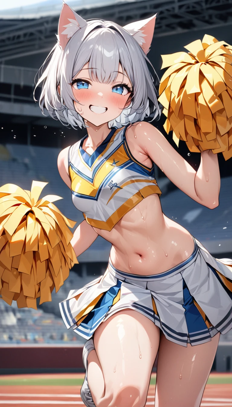 1girl、(((best quality)), ((masterpiece)), (details), masterpiece, best quality, high quality, ulutra detailed, perfect face, ((1girl, blue eyes, cat ears: 1.3 silver bob hair: 2.5,))、Shiny Hair、Glowing Skin、smile、Lustful look、I can see your toned stomach、Small breasts、Cheergirl Costume、Pleated scouts、((Cheerleader holding pom-poms))、Stadium Background、Raise one hand up、Bend one leg、smile、Sweat glistens、Cheeks are a little red、whole body、dance