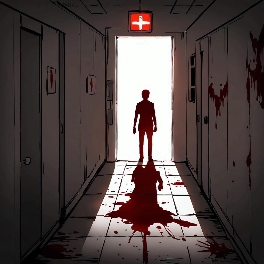 In a long and narrow corridor with stained and cracked gray concrete walls, flickering fluorescent lights cast unsettling shadows. The floor is made of worn and dirty tiles. On the ceiling, at the end of the corridor, a dimly glowing red exit sign is covered with slowly dripping blood stains. Near the exit sign, blood smears on the nearby walls suggest a recent violent event. The weak and irregular lighting creates deep and distorted shadows, highlighting the exit sign with its blood marks, resulting in a dramatically impactful and disturbing image.