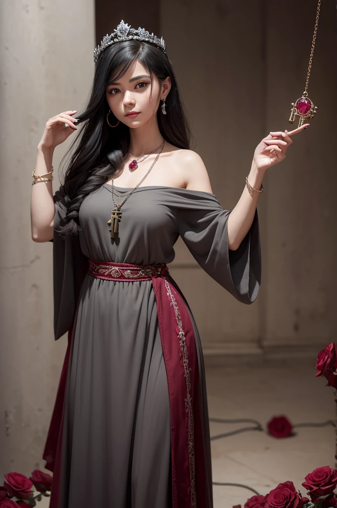 Create an image of a young woman in her late twenties to early thirties, portrayed from head to toe. She is dressed in a black-and-gray themed dress or tunic with a soft, muted color palette. She wears a crown made of roses and a luxurious ruby necklace around her neck, featuring a large ruby at the center and smaller rubies on each side. In her hands, she holds an old-fashioned key with a string, winding it around her hand. She is standing barefoot, exuding a serene and warm atmosphere that emphasizes her character and symbols, all portrayed in a black-and-gray tattoo style.
