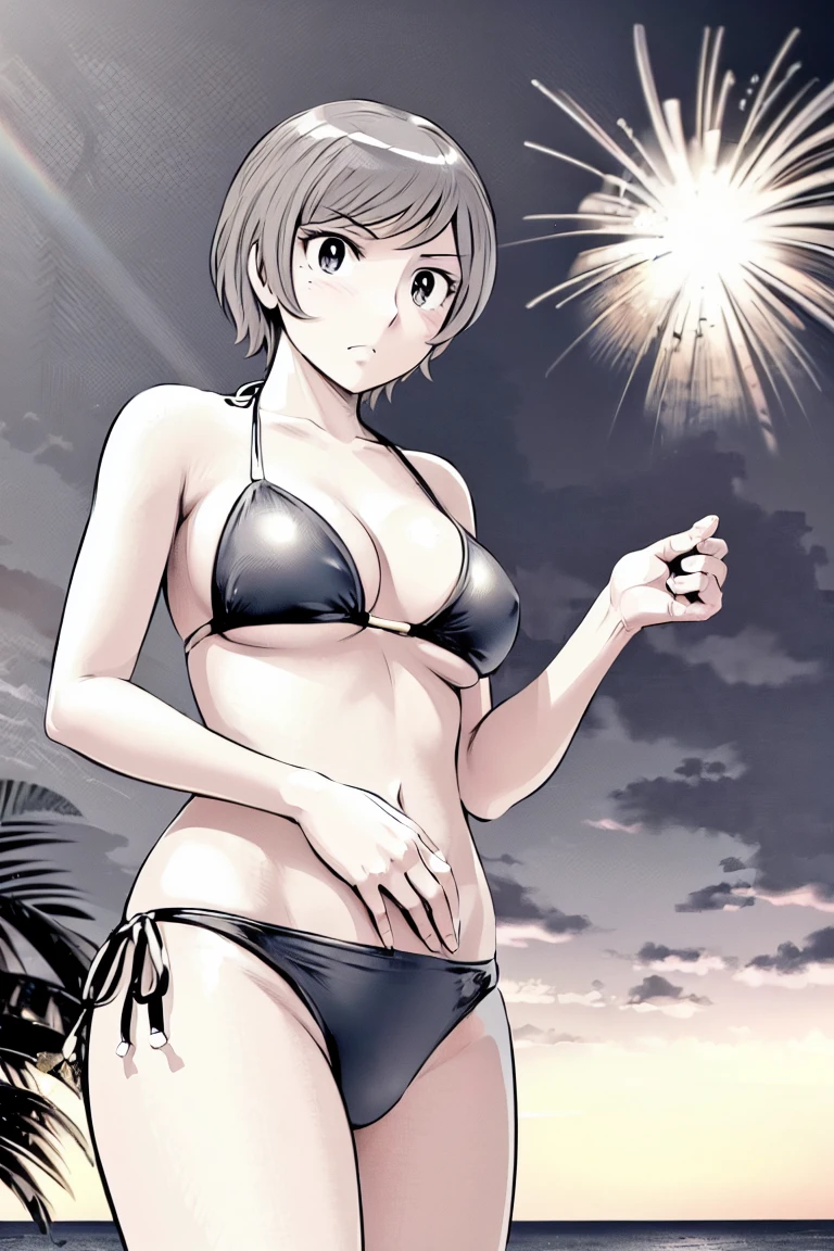 (slingshot bikini:1.2),
Blonde, (short hair:1.2),Illustration of a person、
View your viewers,, (Highest quality:1.3),One Girl, beach、Outdoor、 ground、ground、soil、blue eyeicro Bikini、(masterpiece、Highest quality)、Highest quality, Ultra-high resolution, (((masterpiece))), alone, Large breasts、One Girl, Front view、Embarrassed face、Bronze colored hair、((short hair))、Stand up straight、Cowboy Shot