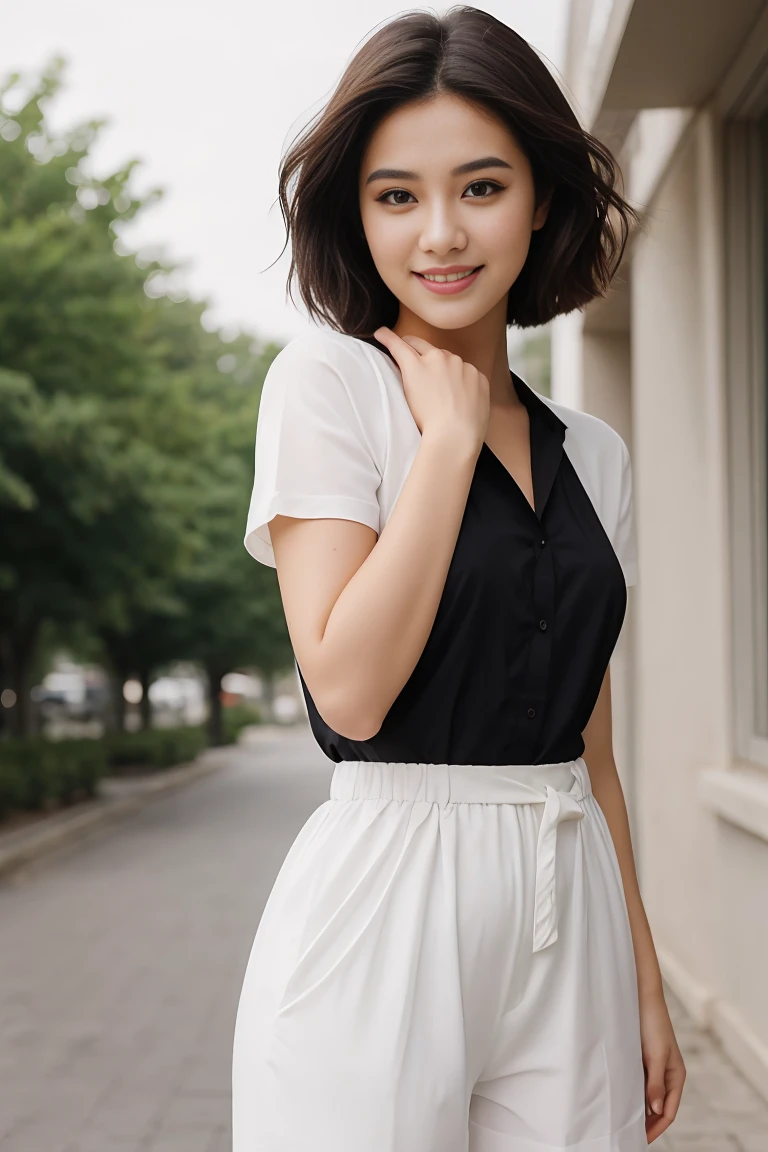 beautiful girl standing with beautiful vally in background, age 20, black short hair, waist shot, dynamic pose, smiling, dressed in fashion outfit, beautiful eyes, sweet makeup, 35mm lens, beautiful lighting, photorealistic, soft focus, kodak portra 800, 8k