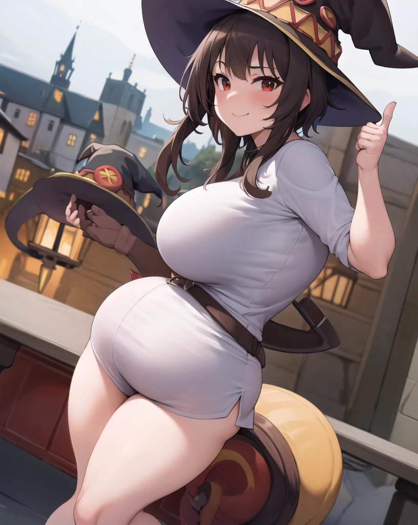 1girl, solo, megumin, witch hat, mismatched legwear, thumbs up, smile, medieval city, [cowboy] shot, masterpiece, best quality, highly detailed, very wide hips, large thighs, very thick round thighs, big butt, huge round breasts, milf, tight shirt, tight clothes