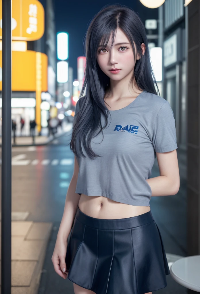 (8K, RAW Photos, Tabletop:1.3), (Realistic, Photorealistic:1.37), (night), (View your viewers:1.331), (Gray Hair), Pause, Tokyo Street, nightの街並み, Cyberpunk City, Soft Light, One Girl, Very beautiful face, bust, Put your hands down, Random hairstyle, Sad expression, Big eyes, Lower abdomen, (Grey short sleeves .Hmph_shirt), Hmph_style, (Dark Blue AJC_skirt), Mix 4., Highest quality、My hair is soaked from the rain、Sad face、
