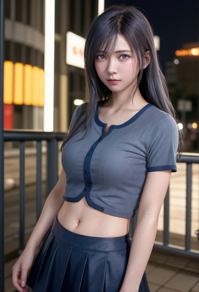 (8K, RAW Photos, Tabletop:1.3), (Realistic, Photorealistic:1.37), (night), (View your viewers:1.331), (Gray Hair), Pause, Tokyo Street, nightの街並み, Cyberpunk City, Soft Light, One Girl, Very beautiful face, bust, Put your hands down, Random hairstyle, Sad expression, Big eyes, Lower abdomen, (Grey short sleeves .Hmph_shirt), Hmph_style, (Dark Blue AJC_skirt), Mix 4., Highest quality、My hair is soaked from the rain、Sad face、
