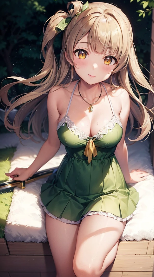 Minami Kotori, One side up, Hair Ribbon, masterpiece, Highest quality, High resolution, unity 8k wallpaper, figure, Fine grain, Highly detailed face, Extremely detailed CG, Glossy Lips, light makeup, Are standing, panties, ((swordswoman, sword:1.2)), necklace, (forest)