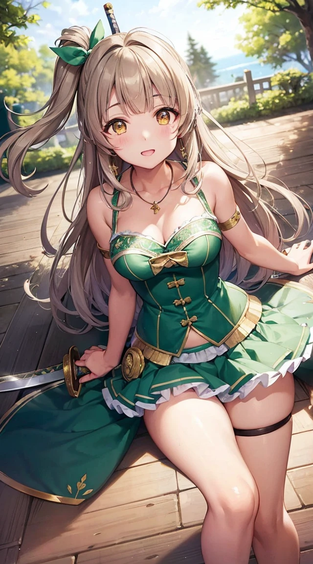 Minami Kotori, One side up, Hair Ribbon, masterpiece, Highest quality, High resolution, unity 8k wallpaper, figure, Fine grain, Highly detailed face, Extremely detailed CG, Glossy Lips, light makeup, Are standing, panties, ((swordswoman, sword:1.2)), necklace, (forest)