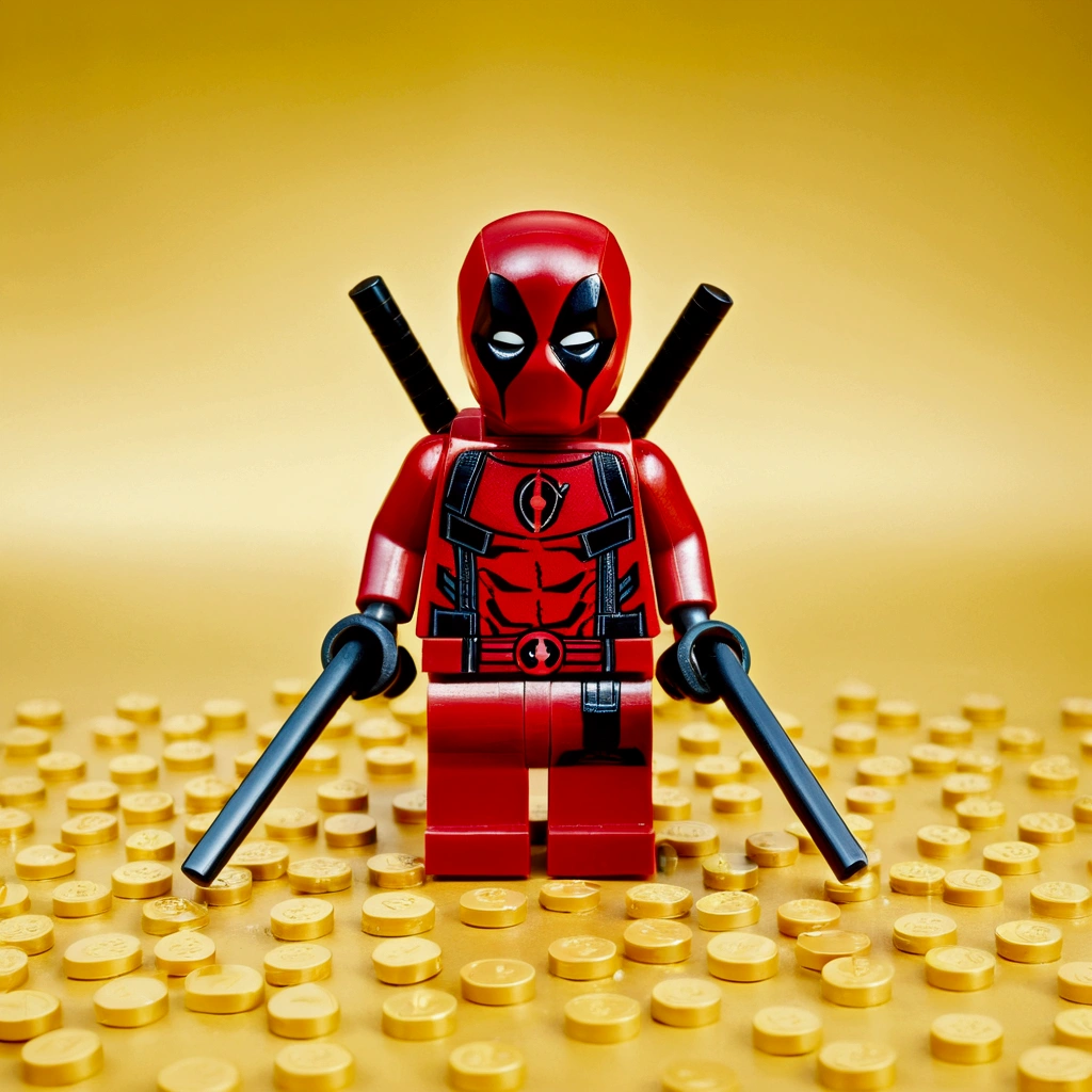 A photo of a lego like Dead pool, golden toy, plastic, mini