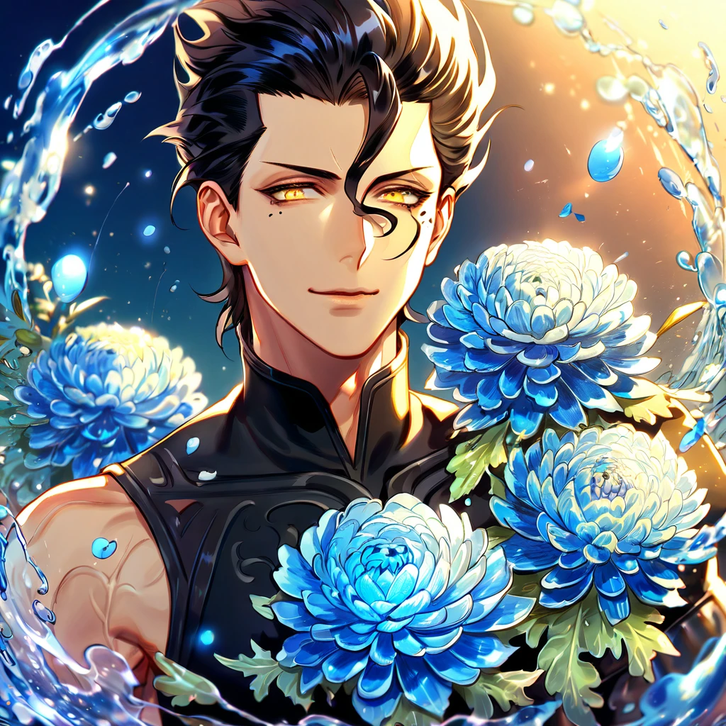 Ultra detailed, HDR, Highres, absurdres, master piece, Diarmuid Ua Duibhne, black hair, expressive yellow eyes, mole under his eye, Fate Grand Order, handsome, sexy man, solo, black tight shirt, water, fantasy, magical, blue Chrysanthemum flowers, blue petals, best quality, blue shining fireflies, blue moon, handsome smile
